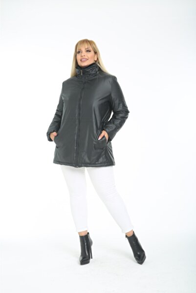 Lalezar Kadın Siyah Suni Kürklü Büyük Beden Mont