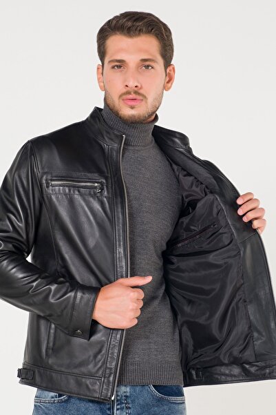 AtakGiyim Erkek Siyah İkiz Fermuarlı Dik Yaka Deri Mont Ceket