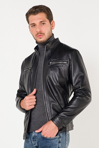 AtakGiyim Erkek Siyah İkiz Fermuarlı Dik Yaka Deri Mont Ceket