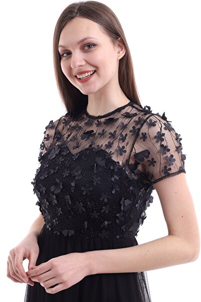 Fasmia Siyah Papatya Tül Elbise