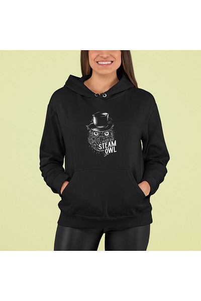 Raf Coll Oversize Unisex Μαύρο φούτερ με κουκούλα πλεκτή κουκουβάγια μπροστά με ψηφιακή εκτύπωση