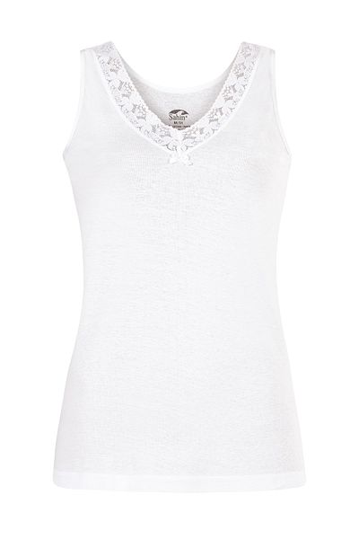 Şahin Tricou alb cu dantelă, cu bretele groase, cu decolteu în V, Shn30065