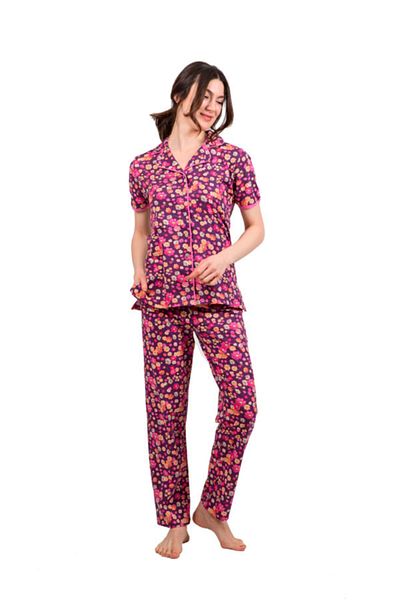 Çift Kaplan Women's Short Sleeve Shirt Collar Patterned Pajamas Set 7826