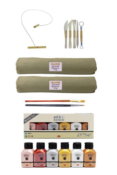 GLANCE Beyaz Seramik Hamuru 6x2 Kg Kil Kesme Teli 5'li Ebeşuar Artdeco Akrili...