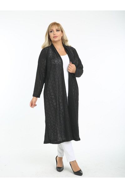 LİKRA Women's Black Large Size Long Stretchy Mesh Cardigan