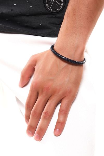 LABALABA Men's Navy Blue Color Braided Leather Bracelet