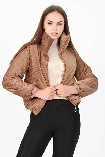 Neşeli Butik Дамско камел палто с висока яка, цип и джобове, подплатено с кадифе, Nb7154