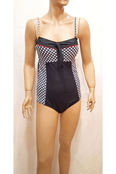 Angel Sea Γυναικείο μαύρο μαγιό με καρό σχέδιο, ανοιχτή πλάτη και χωρίς τιράντες