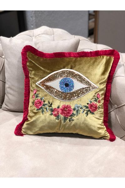 ge living Eye & Flower Embroidered Gold Velvet Fabric Decorative Throw Pillow Cover