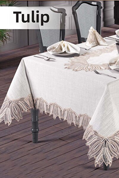 Çt Çeyizci Tekstil Linen Cream Dining Set for 12 People - 26 Piece French Lace Tablecloth