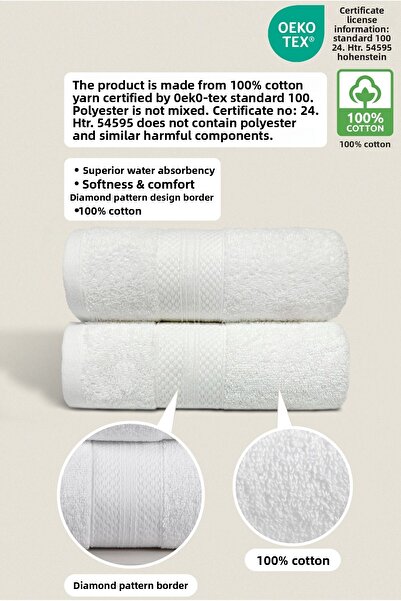 Ellaline Set of 2 Towels - 100% Cotton, Ultra-Absorbent, Soft Diamond Patterned Border 50X80Cm