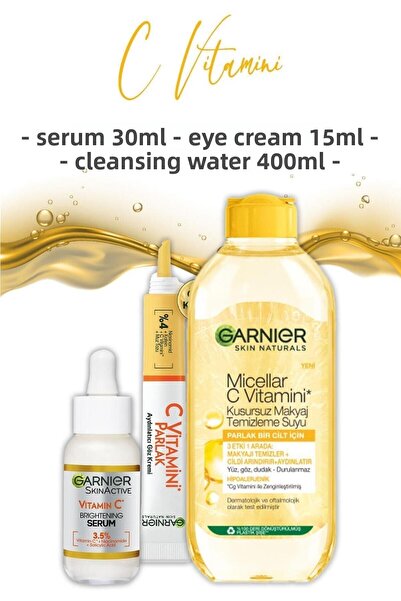 Garnier سيروم فيتامين سي 30 مل، كريم العين 15 مل وماء التنظيف 400 مل