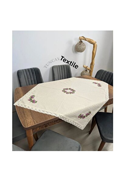 TUNCAY TEKSTİL Purple Cross Stitched Copenaki Lace Cloudy Cross Stitch Monika Fiskos Tablecloth