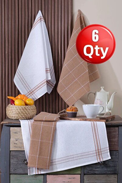 LADYNİL Σετ 6 πετσετών κουζίνας & γερμανικής χαρτοπετσέτας 50x70 cm 100% βαμβάκι και πλυμένο μεγάλο καρό καφέ