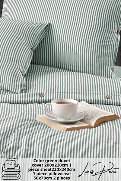 Larispera Set de husă de pilota cu dungi Ranforce din bumbac cu nasturi supradimensionate Set husă de pilota King Size