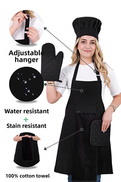 sevilya طقم مريلة مطبخ مكون من 5 قطع مع شماعة قابلة للتعديل (مريلة منشفة مع شماعة قابلة للتعديل، قبعة، قفازات، مقبض)