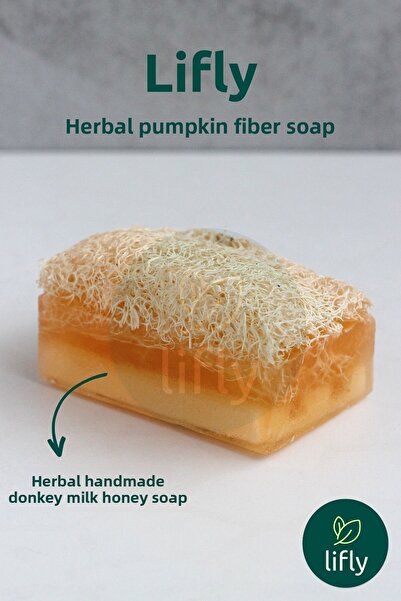 lifly مجموعة من 4 قطع من ألياف اليقطين الطبيعية 100% - ألياف السيزال وصابون ألياف اليقطين - حقيبة استحمام