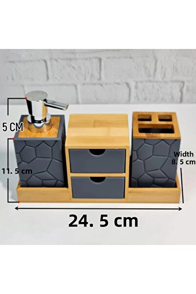Mutfak Köşesi 5-Piece Bamboo-Acrylic Bathroom Set - Liquid Soap Dispenser, Toothbrush Holder, Cotton Holder and Solid Soap Dispenser