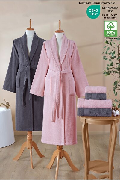 Ellaline Σετ μπουρνούζι 6 τεμαχίων 100% βαμβάκι με πιστοποίηση, οικογενειακό σετ μπουρνούζι |   Προίκα |   Ροζ - Ανθρακί