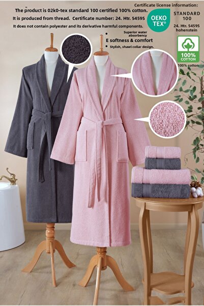 Ellaline Σετ μπουρνούζι 6 τεμαχίων 100% βαμβάκι με πιστοποίηση, οικογενειακό σετ μπουρνούζι |   Προίκα |   Ροζ - Ανθρακί