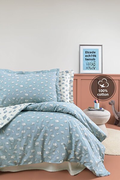 Yataş Mini Povey Single Ranforce 100% Cotton Duvet Cover Set - Blue