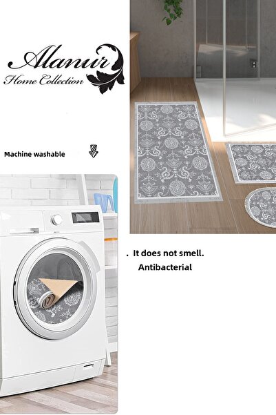 Dekoreko Digital 3-Piece Bathroom Mat Set Star Leather Non-Slip Base Mixed Oval Modern Queta Gray