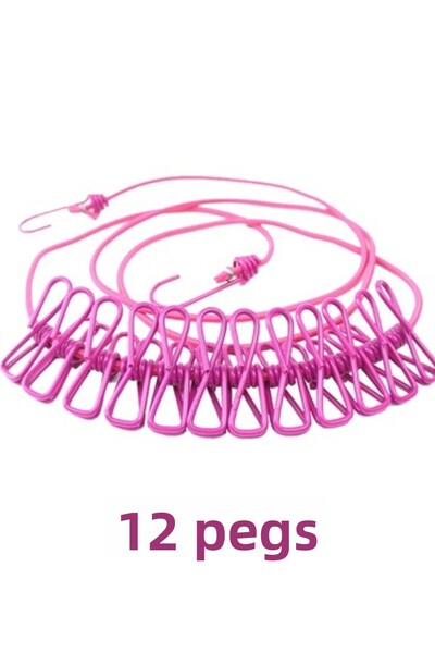 DUFF CLEAN حبل غسيل مرن مع 12 مزلاج بطول 185-380 سم، حبل تعليق عملي للغسيل