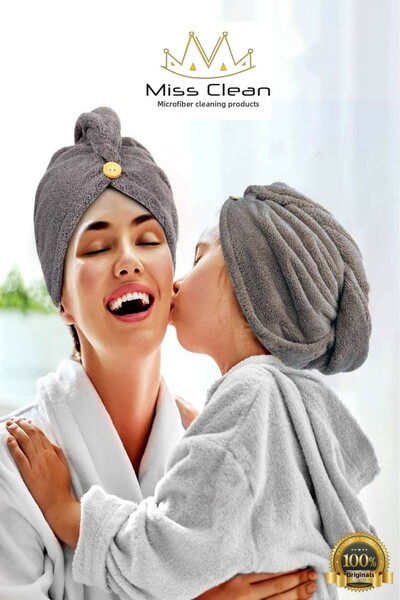 MissClean منشفة شعر من الألياف الدقيقة باللون الرمادي، قبعة للشعر، للشاطئ بعد...