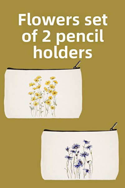 designedfy Yellow and Purple Flowers 2'Li Makeup Bag Advantage Set, Pen Holder, Wallet, Tote Bag