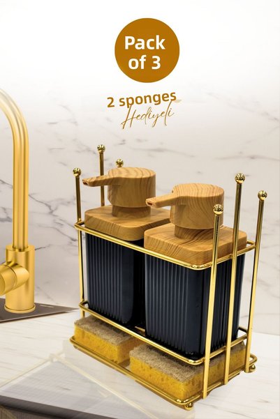 grimorlife Gold Metal Stand Black Wooden Detailed Dishwashing Liquid Soap Dispenser Kitchen Set - Special Boxed