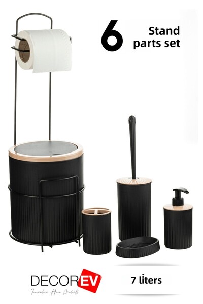 decorev طقم مرحاض أسود مكون من 6 قطع - حمام كبير، سلة مهملات سعة 7 لتر