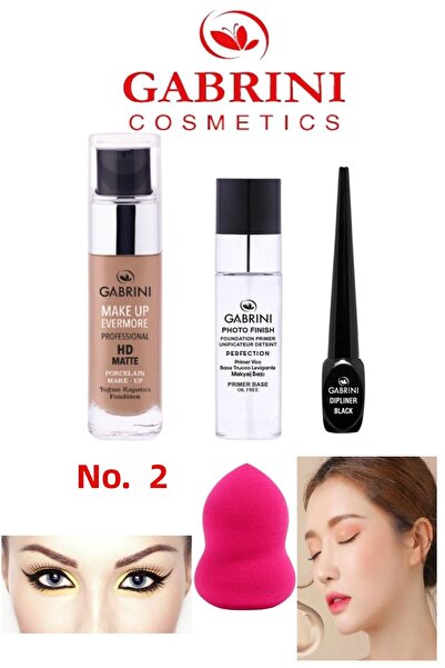 Gabrini كريم أساس غير لامع HD رقم: 2 + قاعدة مكياج 20 مل + مجموعة إسفنجة مكيا...