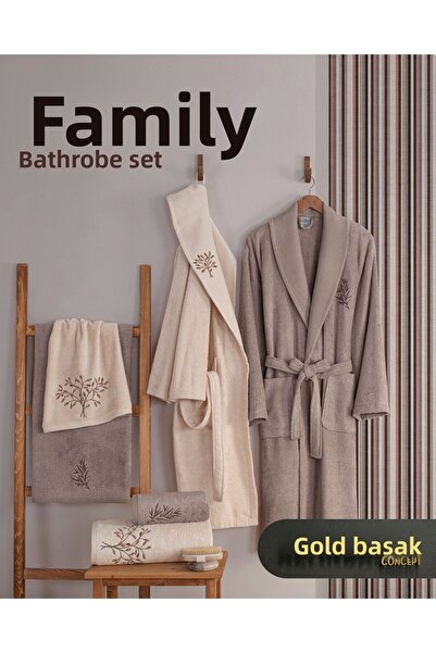 Altınbaşak 3D Embroidered Premium Bamboo Family Bathrobe Set (40% Bamboo Fiber Included)