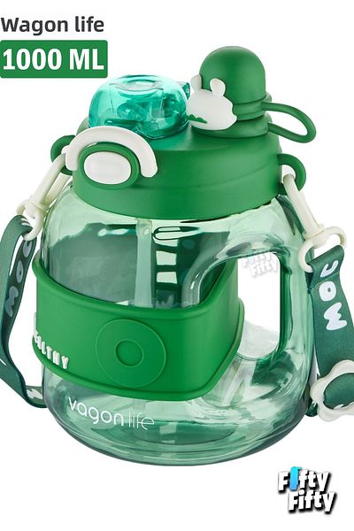 Vagonlife Single Cover Dual Use with Straw/Comfortable Drinking 1000 ml Children's Water Bottle with Neck Strap-Ffvgn6278