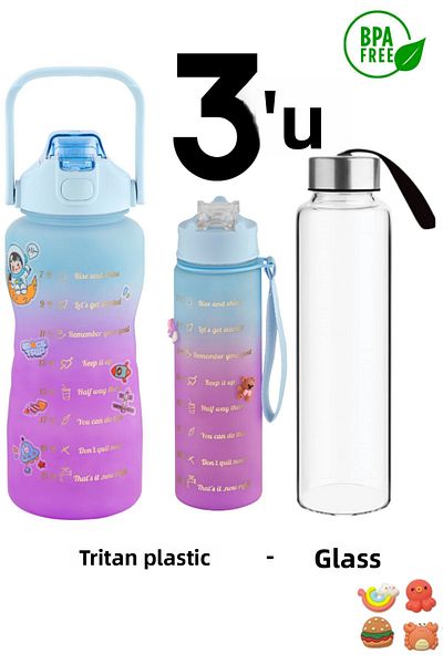 Comprox Water Bottle 3-Piece Water Bottle Motivated 2 Liter Water Bottle 750 ml 300 ml Sports Bottle with Baby