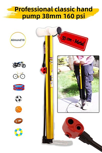 Badem10 Pompă clasică pentru bicicletă 55 cm, practică, de mână, cu mâner pentru picior, tub metalic, bile, anvelopă, umflator Şambrel