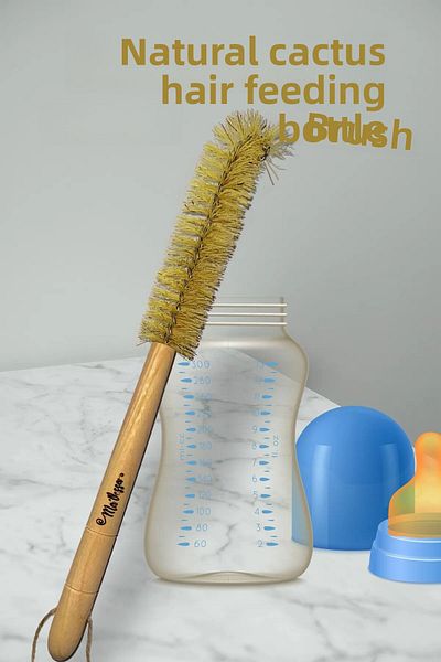 Ma'Vessa Natural Cactus Hair (Tampico Herb) Decorative Vegan Wooden Baby Bottle and Bottle Cleaning Brush