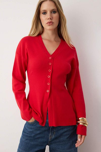 Trendyol Collection Red V-Neck Mercerized Look Premium Yarn/Special Yarn Knitwear Cardigan Twoaw26Hi00079
