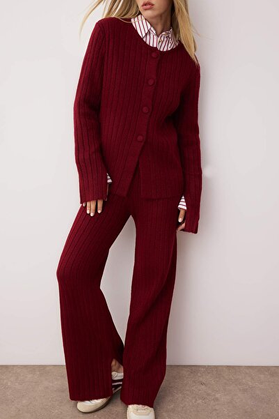 Trendyol Collection Burgundy Soft Textured Sweater-Pants Knitwear Bottom-Top Set Twoaw26Au00004