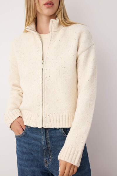 Trendyol Collection Stone Zipper Stand Collar Soft Textured Mink Sequined Knitwear Cardigan Twoaw26Hi00053