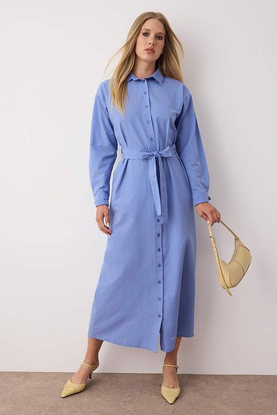 Trendyol Modest Λιλά Ζωνάρι Μανίκια Μανσέτα Κουμπί Βαμβακερό Πλεκτό Πουκάμισο Φόρεμα TCTSS23EB00072