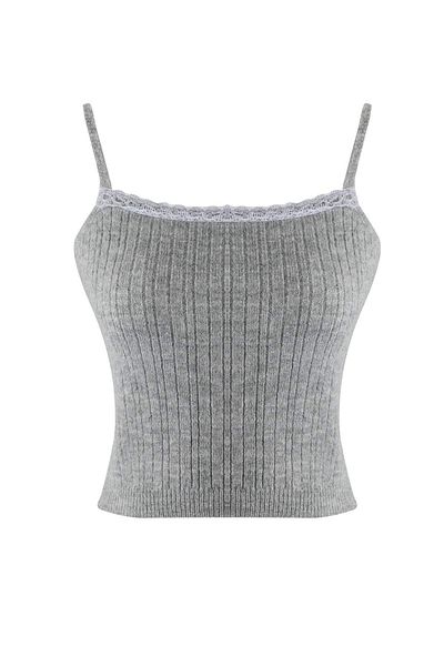 Trendyol Collection Gray Premium/Special Yarn Square Collar Lace Garnish Knitwear Cardigan-Blouse Knitwear Suit Twoaw26Hi00086