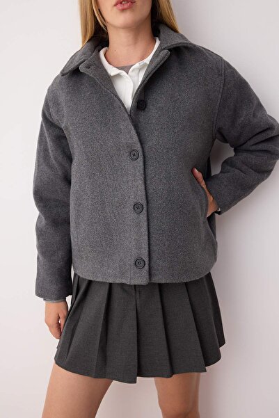 Trendyol Collection Anthracite Regular Fit Cashmere Thin Jacket Coat Twoaw26Mo00133