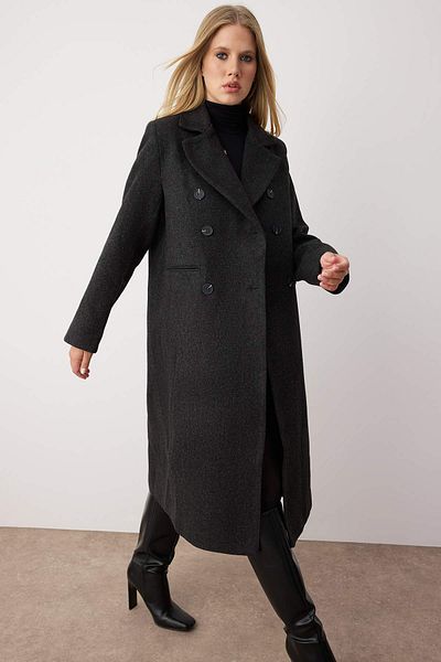 Trendyol Collection Anthracite Fur Collar Diagonal Double Breasted Oversize Midi Coat Twoaw26Kb00038