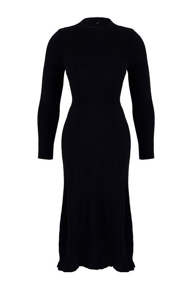 Trendyol Curve Navy Blue Corded Crew Neck Midi Knitwear Dress Tbbaw24Ah00021
