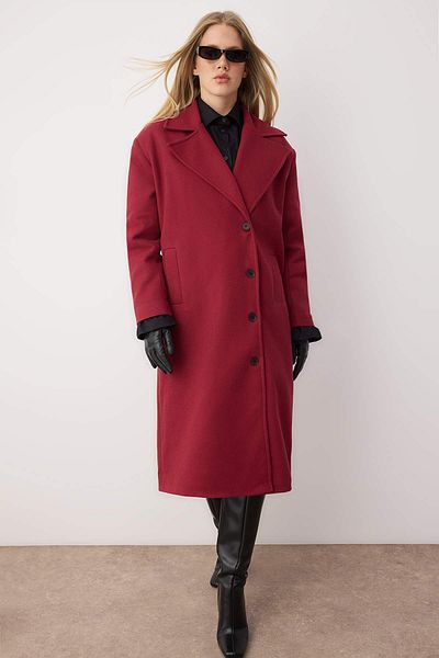 Trendyol Collection Palton oversize roșu claret cu textura moale - Închidere asimetrică TWOAW25KB00009