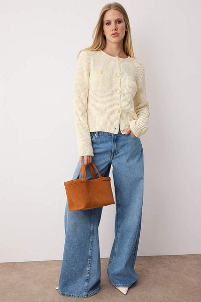 Trendyol Collection Ecru Textured Cotton Blended Knitwear Cardigan Twoaw26Hi00101