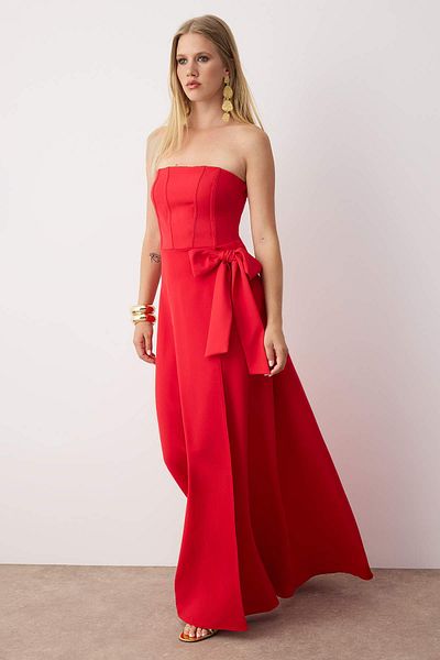 Trendyol Collection Red Strapless Back Detail Woven Long Stylish Evening Dress Evening Homecoming Dress Tprss25Ae00082