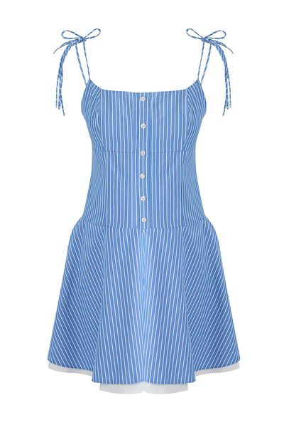 Trendyol Collection Mini rochie țesută cu dungi albastre la talie TWOSS25EL00876