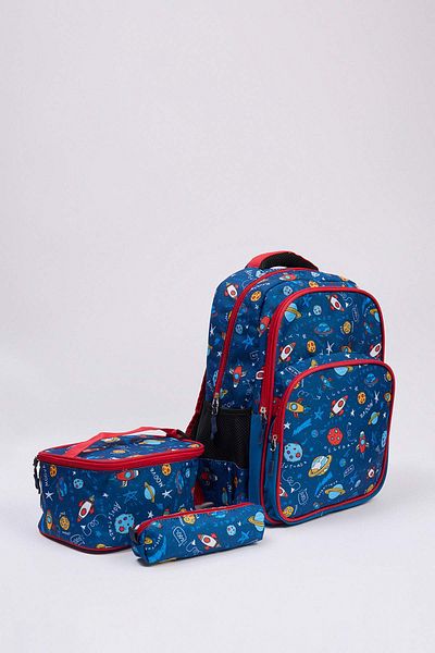 TRENDYOL SHOES Marineblauer Planet bedruckter 3-teiliger Jungen-Kinder-Lunchbox-Stifthalter-Schulranzen TAKAW26OI00002